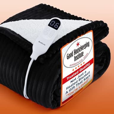 Bedsure Heated Blanket Electric Throw - Ribbed Flannel Electric Blanket, Heating with 10 Time Settings, 6 Heat Settings, Overheat Protection, 130x160cm, Striped Black