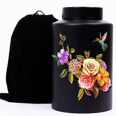 Cremation Memorial Urn Black Floral Decorative Urn Large Human Ashes Funeral,Adult Burial for Adult Male-Female Ashes, Cemetery Burial or Niche with Black Velvet Bag