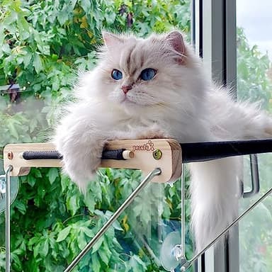 Pecute Cat Hammock Sunny Seat With Wooden Frame, 46x32cm Window Bed, Kitten Mounted Perch, Sturdy With 4 Suction Cups, Easy to Assemble - Hold Pets Up to 15KG