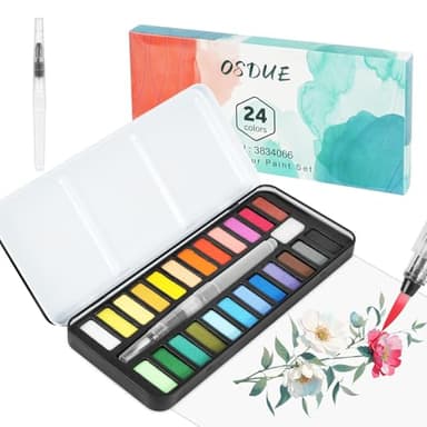 OSDUE Watercolor Paint Set, 24 Colors in Portable Box, Watertbrush Pen Included,Travel Watercolor Set for Artists, Beginners and Painting Lovers