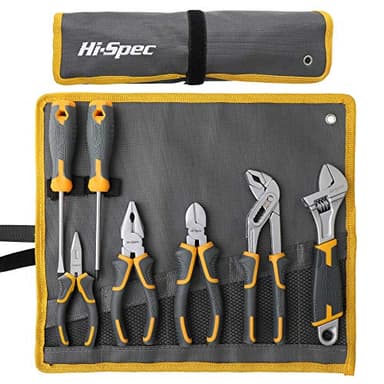 Hi-Spec 7pc Pliers Set Home DIY & Plumbing Hand Pliers Tool Set for Household Repair & Maintenance. Roll-Up Tool Bag with Combination Plier, Adjustable Wrench, & Screwdrivers