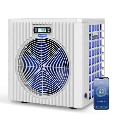 WARMBLU H5 Pool Heater 5 kW, 20m³ max pool, High Efficiency COP 5.51 Energy Save 45% Above, water flow 2.2m³, support WiFi connection, air source swimming pool heater with heating&cooling range