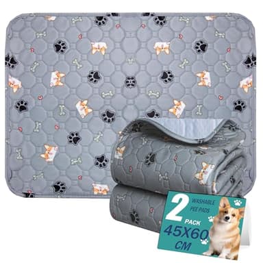 Washable Pee Pads for Dogs, 2 Pack Reusable Dog Training Pads, Washable Puppy Pads, Absorbent Reusable Whelping Pads, Non-Slip Dog Mat with Print for Floor Protector Potty Training Grey -- 45x60cm