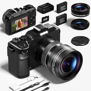 Digital Camera, 5K 64MP Cameras for Photography with WiFi, 64GB Card, Autofocus, Selfie 3" LCD Screen Compact Vlogging Camera for Youtube, Wide & Macro Lens for Beginners Adults Tenns