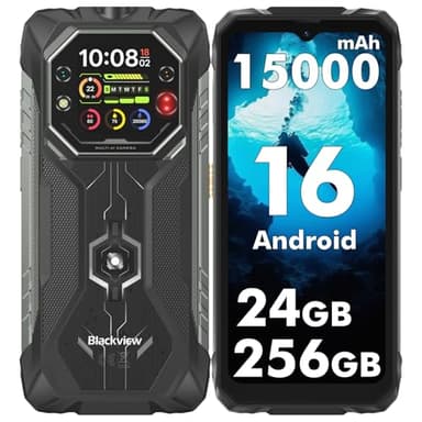Blackview ROCK 1 Rugged Smartphone Android 16, 15000mAh 33W Rugged Phone Unlocked, 24GB + 256GB, Dual AI Cameras + 20MP Night Vision, 6.56" HD+ 2.01" Dual-Screen, IP69K/NFC/Glove Mode Waterproof Phone