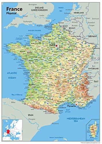 Physical Map of France - Size A2-59.4 x 42cm - Paper Laminated