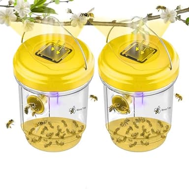 2 Pack Wasp Trap, Solar Wasp Traps Outdoor Hanging, Yellow Jacket Wasp Repellent & Hornet Trap, Reusable Wasps Catcher with UV LED Light, Solar Powered Bee Killer for Garden & Patio (Yellow)