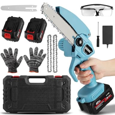 Mini Chainsaw Cordless 6 Inch, 300W Electric Powerful Chain Saw with 2 Batteries & 2 Super Chains, Screwdriver + Gloves, for Wood Cutting, Garden Branch Trimming & DIY