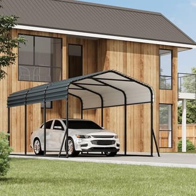 Reljofum 10 x 15 FT Metal Carport with Galvanized Steel Roof, Heavy Duty Metal Roof Carport with Enhanced Base, Tall Metal Carport Kits Garage for Tractors, Trucks, Boats, Cars