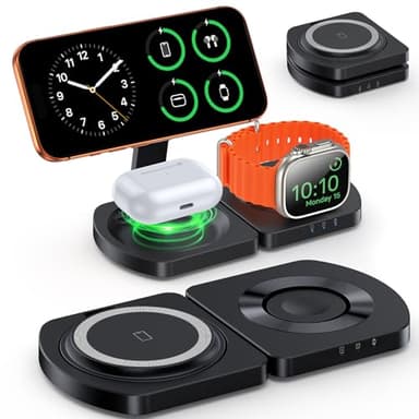 EGV Wireless Charger for iPhone, 3-in-1 Magnetic Charging Station for Apple, MagSafe Charger Stand for iPhone 17 Air 16 15 14 13 12 Series, Airpods Pro, Apple Watch Ultra, Foldable, No Adapter, Black
