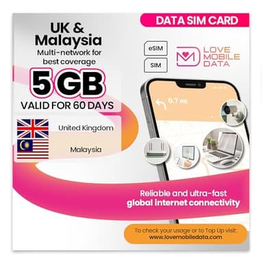 Love Mobile Data Only Sim Card - International Multi-Network 4G/5G Prepaid Pay As You Go Data Sim for Mobile Phones, WiFi Routers, & More, UK & Malaysia - 5GB for 60 Days