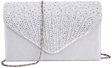 SteelFever Women Diamante Envelope Clutch Bag Evening Handbag Purse Wedding, Bridal, Prom, Party Shoulder Bag (Silver)