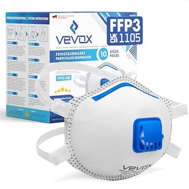 VEVOX® FFP3 Dust Mask - Set of 10 - Valved Face Masks - Respirator - Protection e.g. for Construction, Sanding, Spray Painting, Cleaning, Mould, Fine Dusts or Asbestos Particles