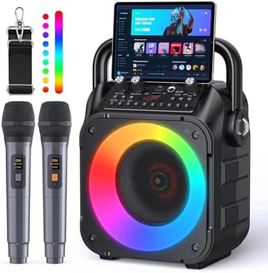 Karaoke Machine with Two Wireless Microphones, Portable Karaoke Machine for Adults & Kids, Portable Bluetooth Speaker with PA System, LED Lights, Supports TF Card/USB, AUX in, FM, USB,TWS (Black)
