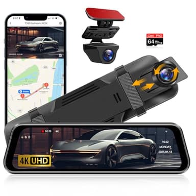 4K Rear View Mirror Dash Cam Front and Rear View Camera 10'' Dash Cam Mirror with Waterproof Reverse Camera WDR Tech Super Night Vision G-Sensor Parking Monitor Wide Angle Dashcam WiFi APP 64GB Card