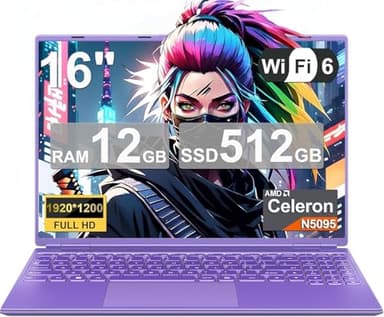 HUQPPQ 16 Inch Gaming Laptop, Celeron N5095 (Up to 2.9GHz),12GB RAM 512GB SSD, FHD 1920×1200 IPS Display, 1TB Expandable, WiFi 6, Win11 Pro,Type C, Portable Laptops for Work & School-Purple