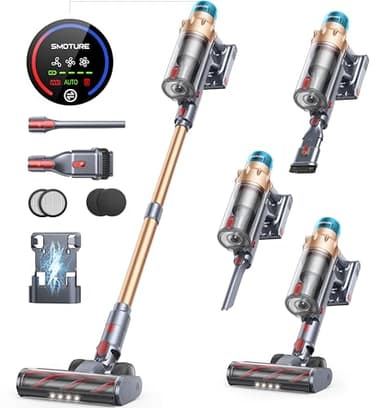 SMOTURE Cordless Vacuum Cleaner 50KPa 600W 65 Mins, 3-in-1 Stick Vacuum with Touch Screen, Anti-Tangle, Self-Standing, Wall Mount, Lightweight for Hardwood Carpet Pet Hair, VAC01