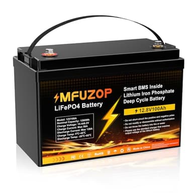 MFUZOP 12V 100Ah LiFePO4 Lithium Leisure Battery, 1280Wh, Built-in 100A BMS, 100Ah Lithium Leisure Battery, 4000-15000 Deep Cycles, Support in Series/Parallel, for RVs, Boats, Home Energy Storage