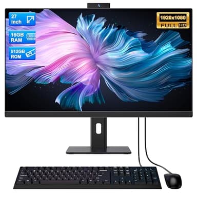 All-in-One Computer 27inch Desktop Computer Quad-Core N95(Up to 3.4Ghz)512GB SSD 16GB RAM With hidden Webcam,All-in-one PC Computer Supporting Rotatable Screen,Dual-band WiFi 6 Bluetooth 5.3, Black