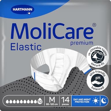 MoliCare Premium Elastic Adult Nappies – 10 Drops | High Absorbent Disposable Night-Time Diapers for Men & Women with Very Severe Incontinence | Size M | Pack of 14