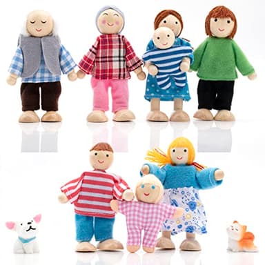 Wooden Dollhouse People Family Set with Cat and Dog, Dolls House Figures for Pretend Dollhouse Accessories Gift