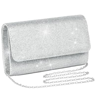 NEKAPLO Silver Clutch Bag for Women – Evening Handbag Purse for Weddings, Formal Events & Parties, Sparkly Silver Bags for Women with Chain Strap