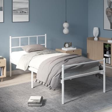 Panana 3Ft Single Bed Frame Solid Metal Bed Frame Modern Style with Headboard & Footboard (White)