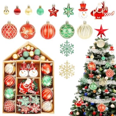 70Pcs Xmas Baubles, Christmas Baubles Ornaments,15 Red & White & Green Christmas Tree Bauble Decorations, Xmas Tree Decorations for Outdoor Indoor Party Decoration