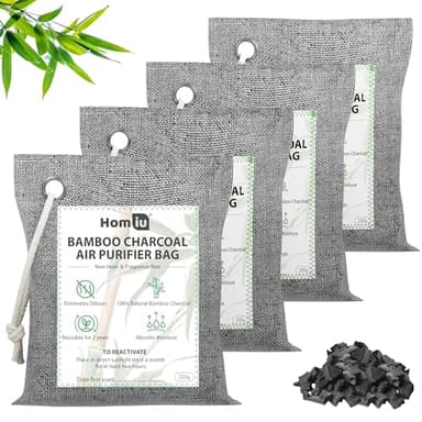 Homiu Bamboo Charcoal Air Purifying Bags - 4 Pack 200g Natural Odour Eliminator - Activated Charcoal Odour Absorber - Air Fresheners for Room Shoe Deodoriser Car Air freshener - Moisture Absorber