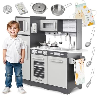 Mamabrum Kids Play Kitchen - Children's Play Kitchens with LED Lightning System - Toy Kitchen Set for Kids with Pretend Cooking Accessories for Role Play - Dark Grey