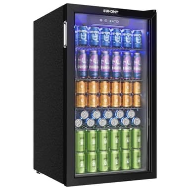 EUHOMY 90L Drinks Fridge, 126 Can Beer Fridge with Glass Door, Wine fridge with Adjustable Shelves for Soda Beer or Wine, Home/Bar/Office, Black, Steel, One-Touch Control [Energy Class F]