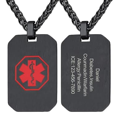 Customized Medical Alert Necklace for Men, Personalised Emergency ID Dog Tag Necklaces Black, SOS Talisman Amulet Neck Chain for Father Husband