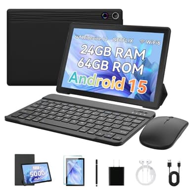 Freeski Tablets 10 inch Tablet Android 15,Octa-Core Processor,24GB RAM 64GB ROM 1TB Expand,5G WiFi 6,1280 x 800 HD/Dual 5MP+8MP Camera,Android Tablet with Keyboard+ Mouse + Case Black