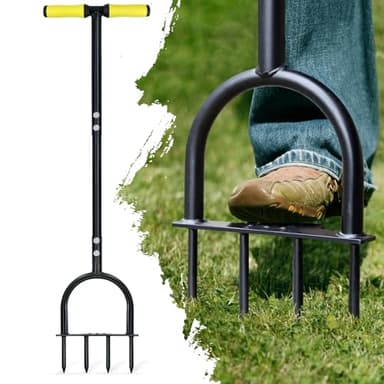 Colwelt Lawn Spike Aerator, Gardening Lawn Aerator for Compacted Soils and Lawns, Non-slip T-Handle Grass Spike Aeration with Four 9cm Solid Steel Spikes, 96cm