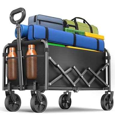 SURFOU Festival Trolley Cart, 100L Foldable Wagon with 360° All-Terrain Wheels & Drink Holders, 360lbs Capacity Heavy Lightweight Cart for Outdoor, Grocery Shopping, Camping, Adjustable Handle, Black