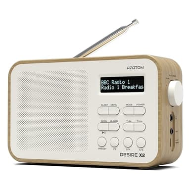DAB/DAB+ & FM Portable Digital Radio | Simple Controls | Dual Alarms & Sleep Timer | Battery & Mains Powered (4x”AA”) | Bluetooth | Perfect for Home, Office or Outdoors | AZATOM Desire X2 (Oak)