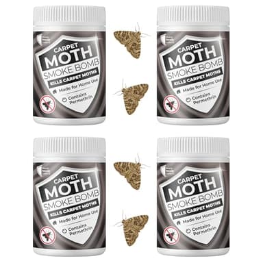 Carpet Moth Smoke Bombs (Pack of 4) 13.25% Permethrin - Maximum Strength Carpet Moth Killer, Quick & Efficient, Thorough Coverage, Essential for Carpet Moth Treatment, Clean & Non Staining