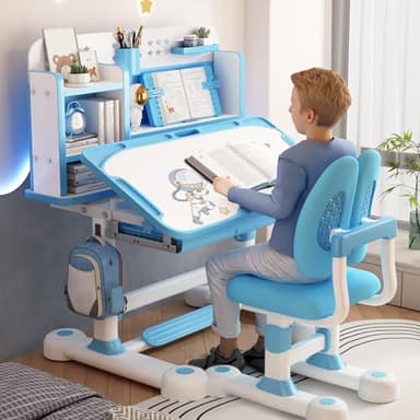 Kids Desk and Chair Set, Height Adjustable Student Writing Desk, Children School Study Table with Tiltable Desktop, Storage Drawer, Shelves, Pen Slot, Bookstand, Hook, for Ages 3-18 Years (Blue B)