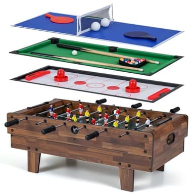 GYMAX 4 in 1 Multi Game Table, Combo Games Table Set with Foosball, Ping Pong, Hockey, Billiard, Complete Accessories for Kids Adults Party Gatherings (Brown)