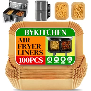 BYKITCHEN 100pcs Air Fryer Liners for Ninja Dual, Air Fryer AF300UK AF400UK Accessories, Disposable Parchment Paper Liner, Compatible with Ninja, Salter, Tower and Other Dual Zone Air Fryer