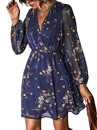 CUPSHE Women's Floral Print Chiffon A-Line Mini Dress Long Peasant Sleeves Elastic Summer Autumn Dress Navy M