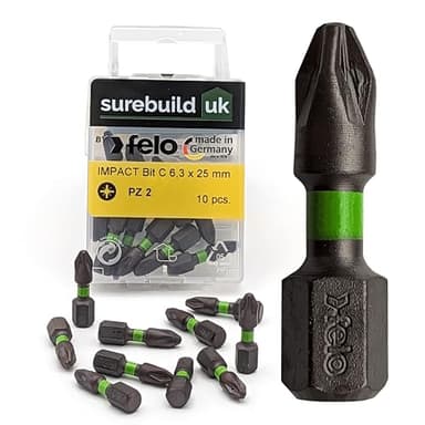 Surebuild UK by FELO Made in Germany PZ2 Impact Driver Bits, 25mm Length, Pack of 10