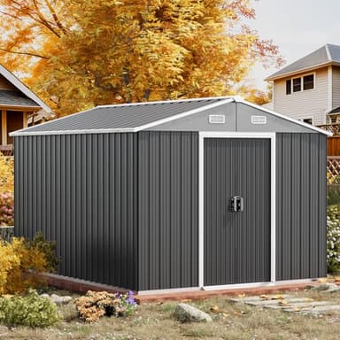 Metal Garden Storage Shed 8 x 6 FT, Outdoor Bike Shed Waterproof with Lockable Door, 2 Vents, Galvanized Foundation, Outdoor Storage Tool House for Backyard, Patio, Darkgrey
