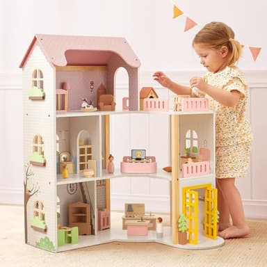 OOOK Wooden Dollhouse with 60 Pcs Luxurious Furniture Accessories, Including 4 Dolls and 2 Pets, Large 3-Story Doll House with 6 Rooms, Doll House for 3 year old