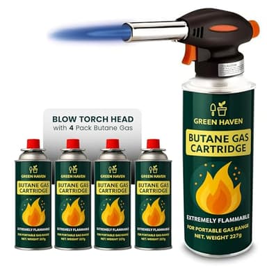 Green Haven Blow Torch for Cooking Attachment Head with 4 Gas - One-Handed Gas Torch with Adjustable Flame & Safety Lock, Fits All Butane Tanks, Ideal for Creme Brulee, Desserts, BBQ, Baking