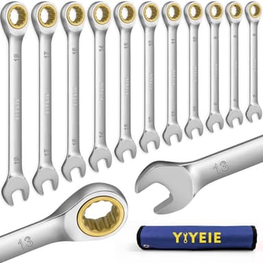 YIYEIE 11pc Ratchet Spanner Set, 72-Tooth Gold Ratcheting Combination Wrenches, Box & Open End, Cr-V Steel, for Bike, Car, Home DIY, Metric – 6/8/10/12/13/14/15/16/17/18/19 mm