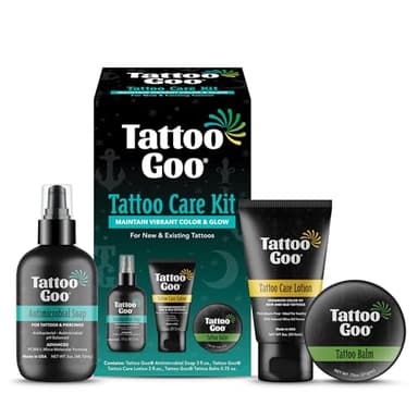 Tattoo Goo Aftercare Kit Includes Antimicrobial Soap, Balm, and Lotion, Tattoo Care for Color Enhancement + Quick Healing - Vegan, Cruelty-Free, Petroleum-Free, Tattoo Artist Gifts (3 Piece Set)