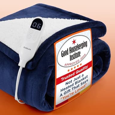 Bedsure Electric Blanket Heated Throw - 6 Heat Levels & 10 Timer Settings, Ultra-Soft Flannel & Sherpa Fast Heating Throw, 130x160cm, Overheat Protection, Navy