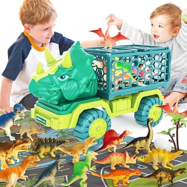 Dinosaur Truck Toy for Kids 3-5 Years Old, Triceratops Transport Car Carrier Truck with 15 Dino Figures Activity Play Mat Egg and Trees Dinosaur Escape Play Set Boys Girls Easter Birthday Christmas