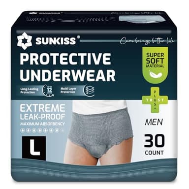 SUNKISS Incontinence Pants for Men, Daytime Disposable Adult Pull Ups, Mens Protective Underwear with Maximum Absorbency, Grey, Large, 30 Count